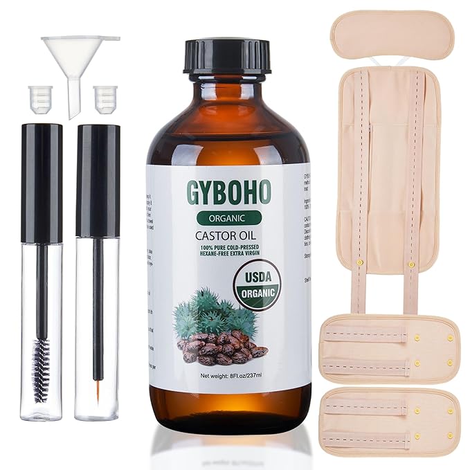 Castor Oil Organic Cold Pressed Unrefined Glass Bottle,Castor Oil Pack Wrap Organic Cotton for Stomach-Neck-Abdomen -Knee-Arm.organic castor oil for Hair Growth -Face-Lashes & Eyebrows