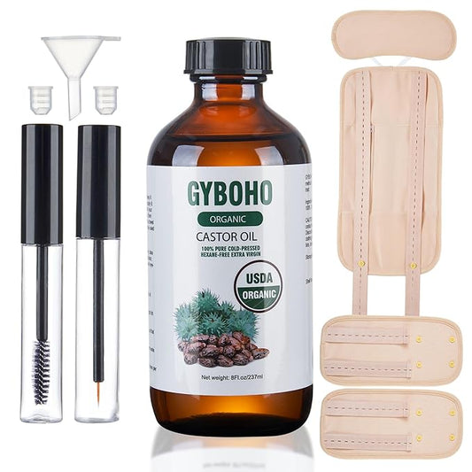 Castor Oil Organic Cold Pressed Unrefined Glass Bottle,Castor Oil Pack Wrap Organic Cotton for Stomach-Neck-Abdomen -Knee-Arm.organic castor oil for Hair Growth -Face-Lashes & Eyebrows