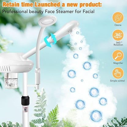 Professional 2 in 1 Facial Steamer for Ozone Humidifier Atomizer Attach 5× Magnifier and Light, Face Steamer Clean Skin Firming Pores and Moisturizing Suitable for a Beauty, Spa, at Home