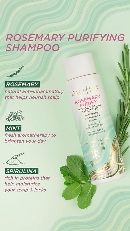 Pacifica Clarifying Shampoo – Rosemary Purify Invigorating Shampoo w/Soothing Mint for Detoxing Hair & Scalp Build-Up, Sulfate & Silicone Free - Vegan & Cruelty-Free Dermatologist Tested