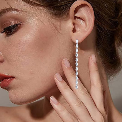 Vintage Rhinestone Chain Drop Earrings Silver Linear Crystal