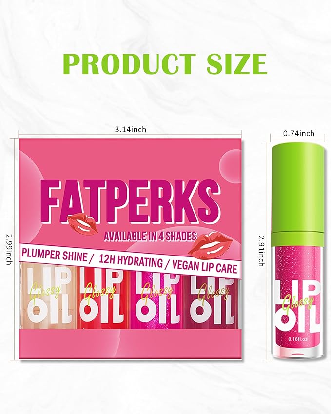 Fat Oil Lip Gloss-4Pcs Hydrating Lip Glow Oil Lipgloss, Tinted Clear Plumping lip Gloss,Pink Red Shimmer Plumper Lip Stain Oil, Glossy Finish Tint Shiny Lip Glaze Vegan Glow Reviver Lip Oil Drip-Set A
