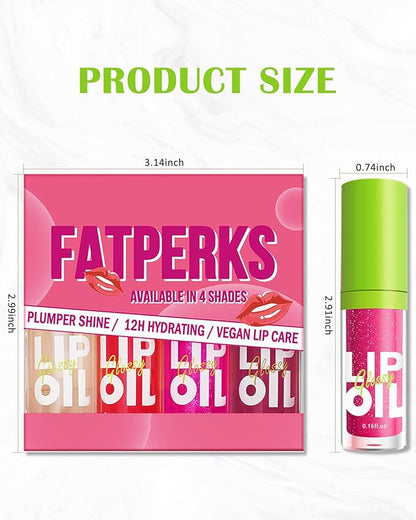 Fat Oil Lip Gloss-4Pcs Hydrating Lip Glow Oil Lipgloss, Tinted Clear Plumping lip Gloss,Pink Red Shimmer Plumper Lip Stain Oil, Glossy Finish Tint Shiny Lip Glaze Vegan Glow Reviver Lip Oil Drip-Set A