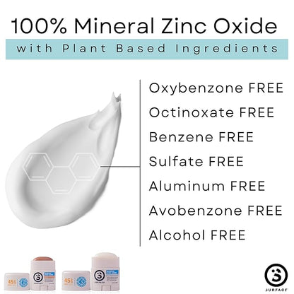 Surface Mineral Face Sunscreen Stick, Water Resistant, UVA/UVB Broad Spectrum, Fast Drying Protection, PABA Free - SPF 45 - CLEAR/WHITE (2 Pack)