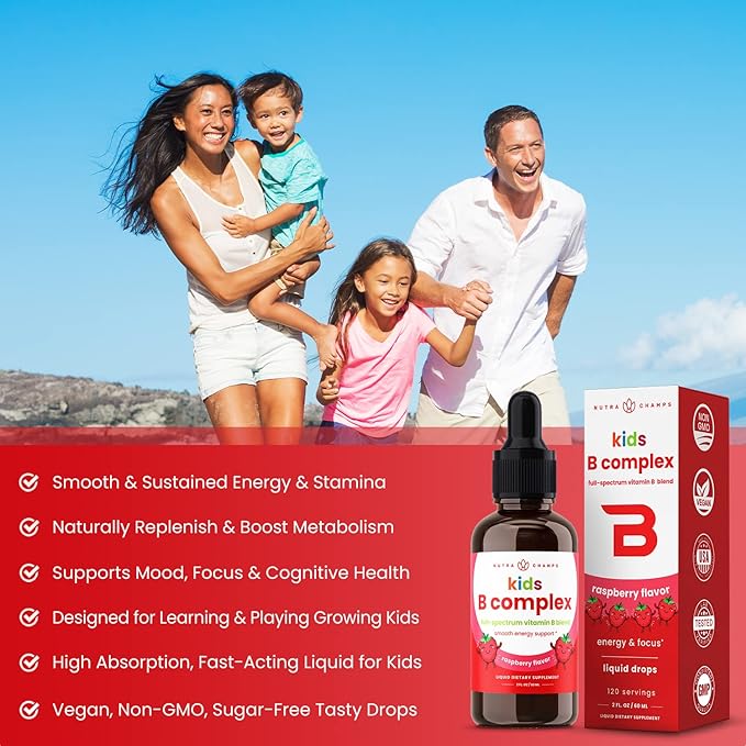 NutraChamps Vitamin B Complex for Kids, B1, B2, B3, B6, B7, B9 & Methyl B12, Kids B Complex Liquid Drops Supplement, Energy, Focus, Metabolism, Natural Berry, 120 Servings, 4 Month Supply