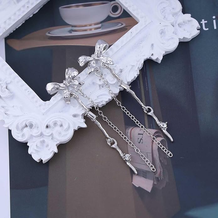 Vintage Bow Crystal Drop Earrings Silver