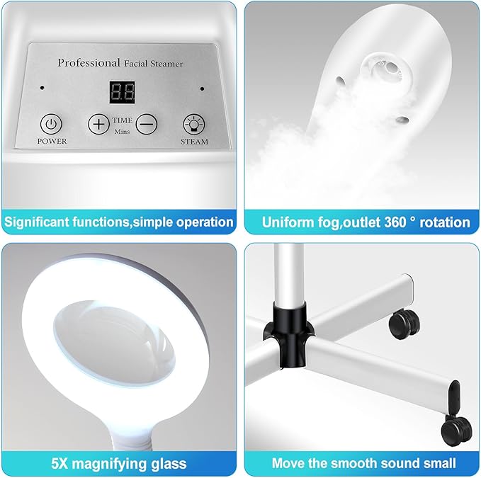 Professional 2 in 1 Facial Steamer for Ozone Humidifier Atomizer Attach 5× Magnifier and Light, Face Steamer Clean Skin Firming Pores and Moisturizing Suitable for a Beauty, Spa, at Home