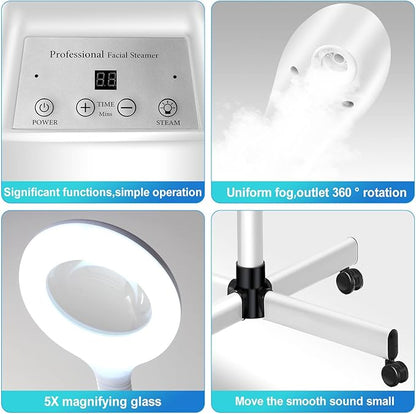 Professional 2 in 1 Facial Steamer for Ozone Humidifier Atomizer Attach 5× Magnifier and Light, Face Steamer Clean Skin Firming Pores and Moisturizing Suitable for a Beauty, Spa, at Home