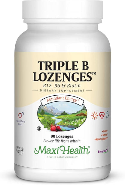 Maxi Health Triple B Lozenges - Vitamin B12 & B6 & Biotin - Strawberry Flavor - 90 Chewies - Kosher