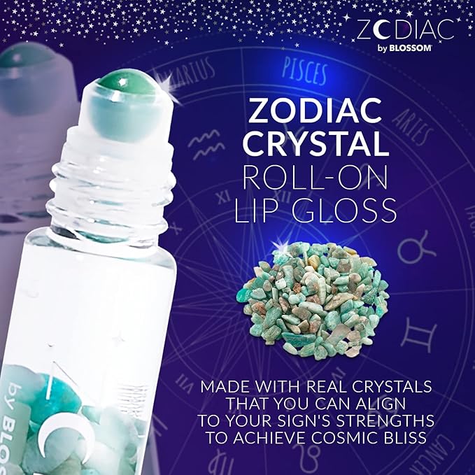 Blossom Zodiac Sign Vanilla Scented Moisturizing Roll-On Lip Gloss with Crystals, Made in USA, 0.20 fl. oz./5.9ml, Pisces