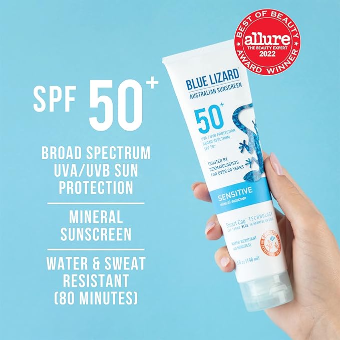 BLUE LIZARD Sensitive Mineral Sunscreen with Zinc Oxide 50+ Water Resistant UVAUVB Protection with Smart Cap Technology Fragrance Free, Sensitve, SPF 50 - - Tube, Unscented, 5 Fl Oz