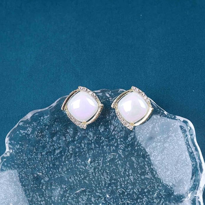 Vintage Crystal Square Earrings Moonstone Square