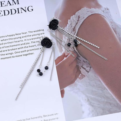 Punk Black Rose Flower Earring Long Rhinestone Chain