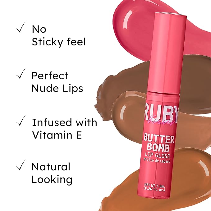 Ruby Kisses Lip Gloss Butter Bomb Gloss Non-Sticky Lip Gloss Vitamin E Natural Nude Lip Makeup - 7.8mL (0.26 US fl.oz) (Bubble Pop)
