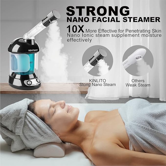 Facial Steamer - DENFANY Nano Ionic Face Steamer with Extendable 360° Rotating Arm - Portable Facial Steamer for Personal Care at Home or Salo (Black)