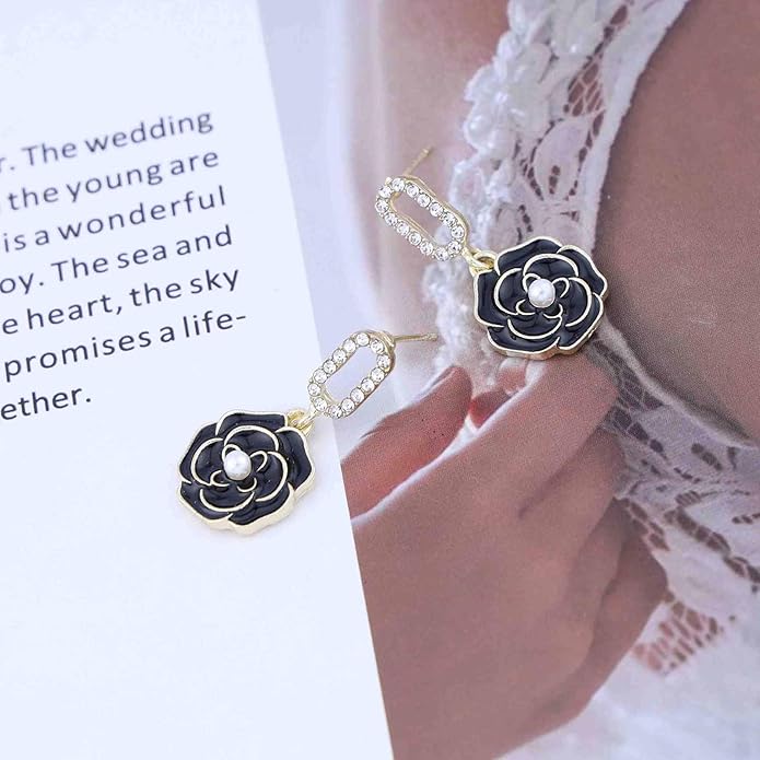 Vintage Black Crystal Flower Drop Earrings