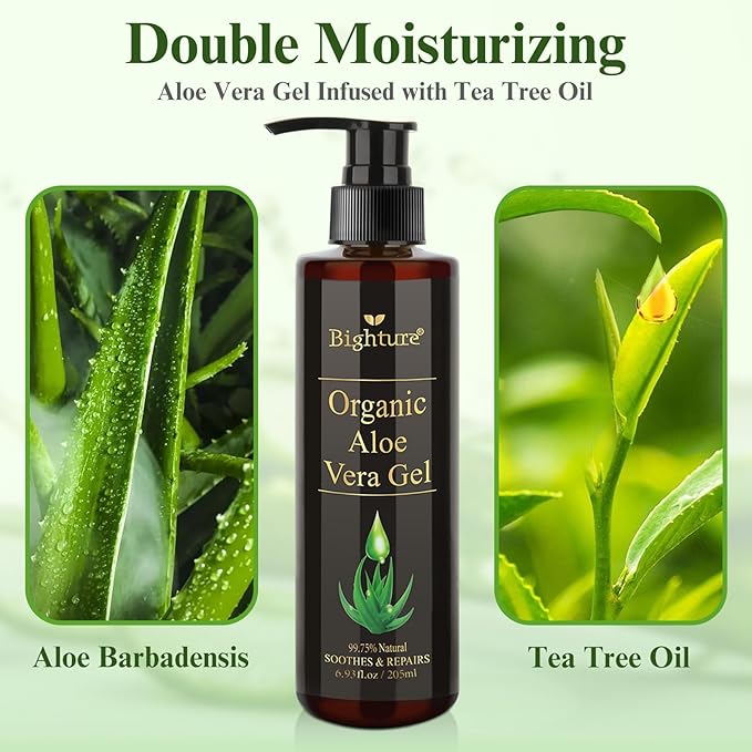 Aloe Vera Gel for Skin, Aloe Vera Gel Infused with Tea Tree Oil for Hydrating, Repair Skin, Organic Aloe Vera Gel Extract from Fresh Pure Aloe Vera for Sunburn Relief, Hair, Razor- 6.76 Fl Oz