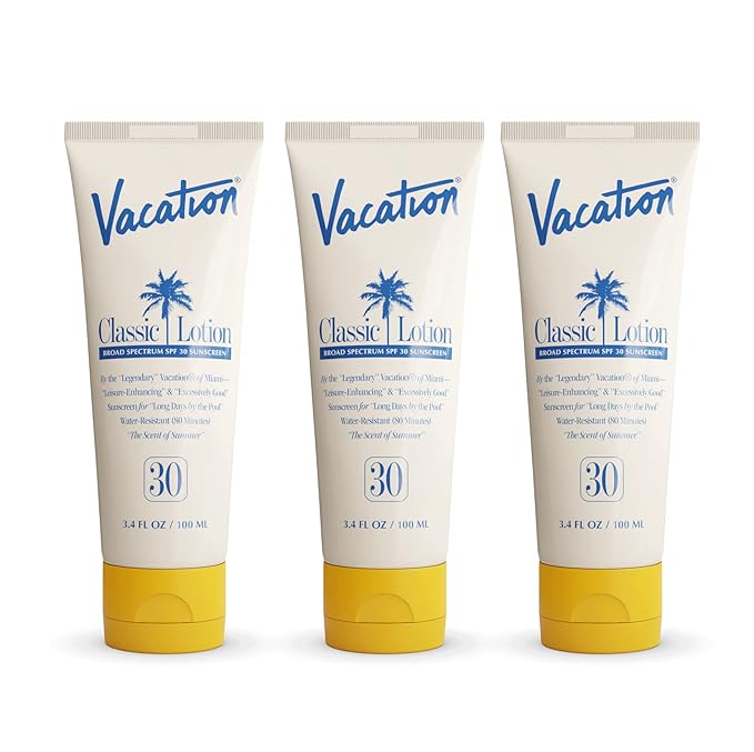Vacation Classic Sunscreen Lotion SPF 30 3-Pack, Water Resistant Broad Spectrum Sunscreen Sun Block, Vegan Sun Tanning Lotion, Body Lotion with SPF, Travel Size Sunscreen, 3.4 fl. Oz. (Pack of 3)
