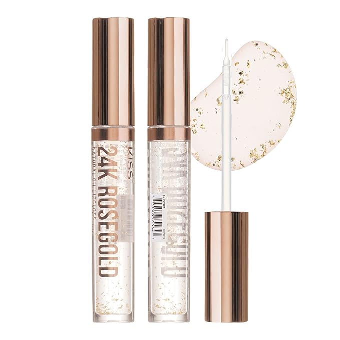 Kiss New York 3 PACK Lip Oil Gloss, Hydrating Non-Sticky Lip Oil, 100% Natural Oil Clear Lip Gloss, Lightweight Lip Moisturizer (Rosegold & Shea Butter & Jojoba)