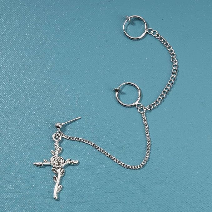 Cross Chain Cuff Earrings Silver Cross Dangle Chain