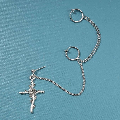 Cross Chain Cuff Earrings Silver Cross