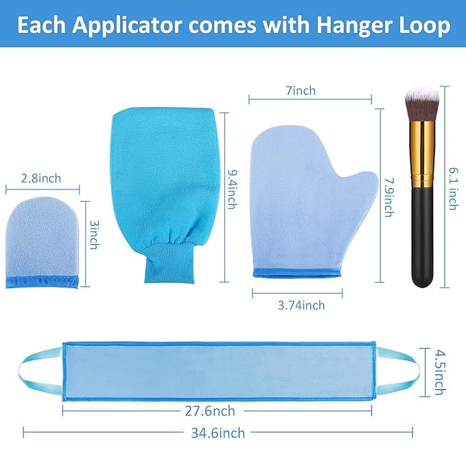 5 Pieces Self Tanning Mitt Applicator Kit, Includes Exfoliating Glove, Tanning Mitt, Mini Face Mitt, Back Lotion Applicator with Self Tanner Brush Large Flat Top Makeup Brush (Blue)