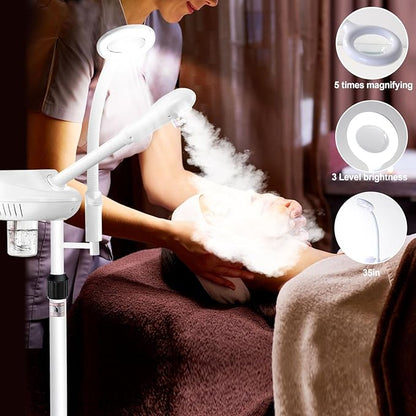 Professional 2 in 1 Facial Steamer for Ozone Humidifier Atomizer Attach 5× Magnifier and Light, Face Steamer Clean Skin Firming Pores and Moisturizing Suitable for a Beauty, Spa, at Home