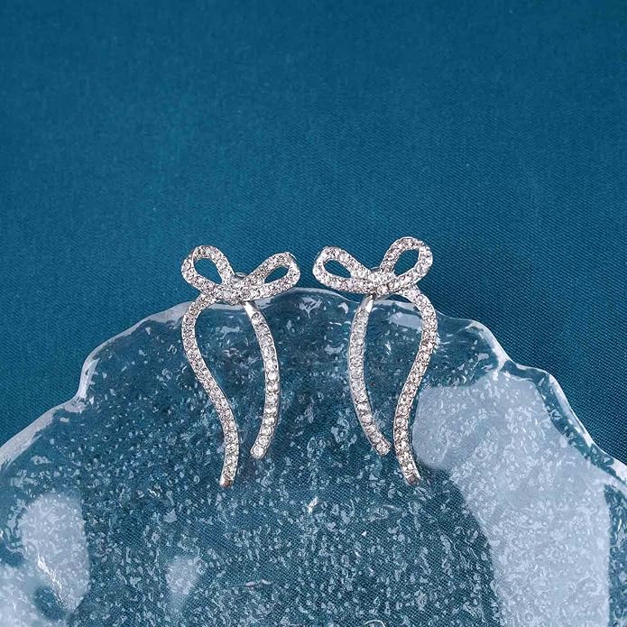 Vintage Crystal Bow Earrings Rhinestone Bow Drop Earrings