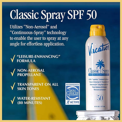 Vacation Classic Spray Sunscreen SPF 50 3-Pack, Broad Spectrum Sunscreen Spray, Vegan Sunblock Spray, Body Lotion with SPF, Spray Sunscreen SPF 50, 6 fl. oz. (Pack of 3)