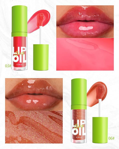 Fat Oil Lip Gloss-2Pcs Hydrating Lip Glow Oil Lipgloss, Tinted Clear Plumping lip Gloss, Shimmer Red Jelly Lip Glaze, Big Brush Head Lip Stain Oil, Long Lasting Non-sticky Vegan Makeup for Women-5+6