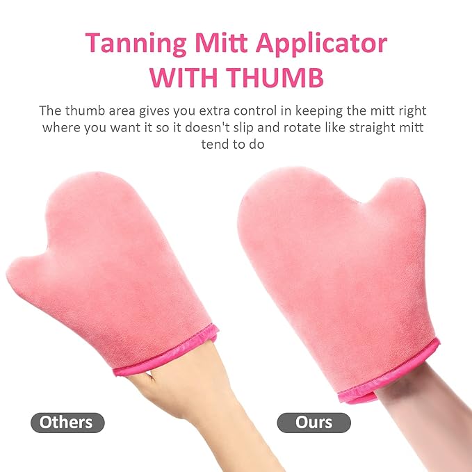 5 Pieces Self Tanning Mitt Applicator Kit, Includes Exfoliating Glove, Tanning Mitt, Mini Face Mitt, Back Lotion Applicator with Self Tanner Brush Large Flat Top Makeup Brush (Pink)