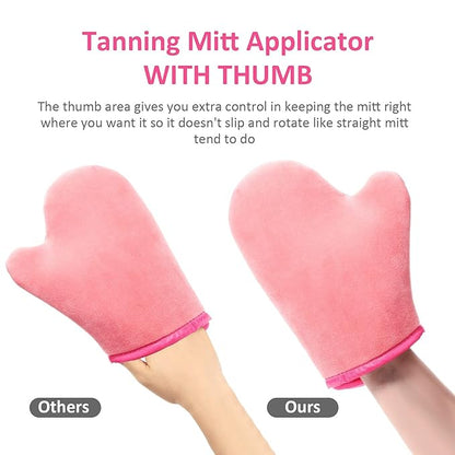 5 Pieces Self Tanning Mitt Applicator Kit, Includes Exfoliating Glove, Tanning Mitt, Mini Face Mitt, Back Lotion Applicator with Self Tanner Brush Large Flat Top Makeup Brush (Pink)