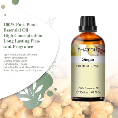 Ginger Essential Oil, 1.01Fl.Oz (30ML) PHATOIL Pure Essential Oil Singles for Aromatherapy Diffusers, Humidifiers, Great for DIY Candle and Soap Making, Gift for Friend