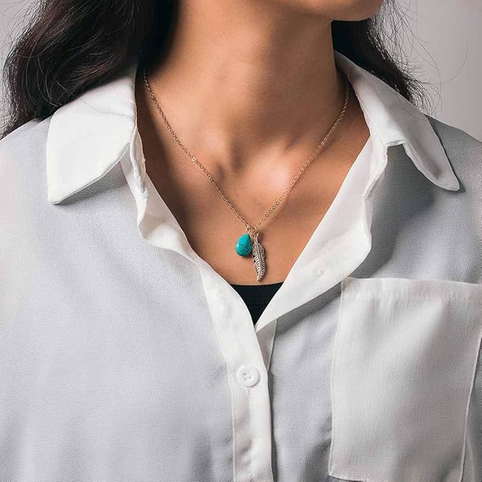 Boho Turquoise Necklaces Silver Feather Pendant