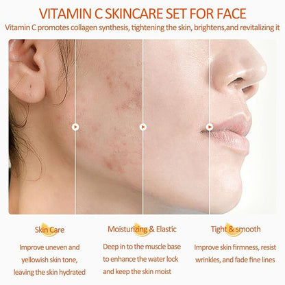 8-Pack Vitamin C Skin Care Kit, Vitamin C Complete Skin Care Set, Routine Skincare Set With Face Wash, Toner, Face Serum, Face Cream, Eye Cream, Face Mask & Lip Balm, Skincare Gift Set For Women