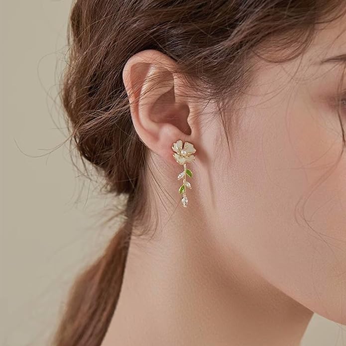 Vintage Pearl Flower Earrings Crystal Leaf