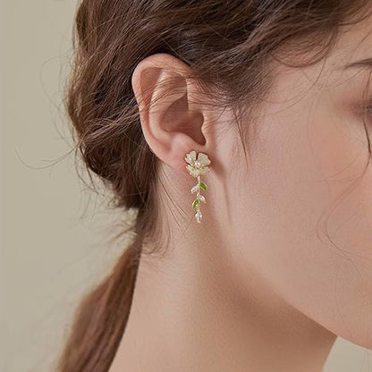 Vintage Pearl Flower Earrings Crystal Leaf