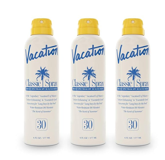 Vacation Classic Spray Sunscreen SPF 30 3-Pack, Broad Spectrum Sunscreen Spray, Vegan Sunblock Spray, Body Lotion with SPF, Spray Sunscreen SPF 30, 6 fl. oz. (Pack of 3)