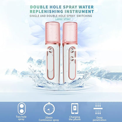 Nano Facial Mister, Cool Mist Face Steamer with 2 Spray Nozzle, USB Rechargeable, Visual Water Tank, Nano Mister for Eyelash Extensions, Skin Care, Daily Makeup, Deep Hydrating-Pink