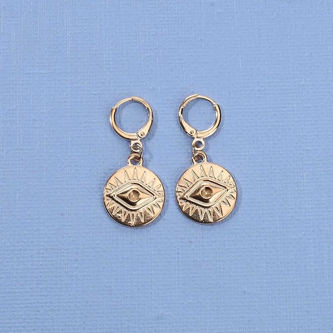 Evil Eye Coin Earrings Gold Disc Drop Earrings