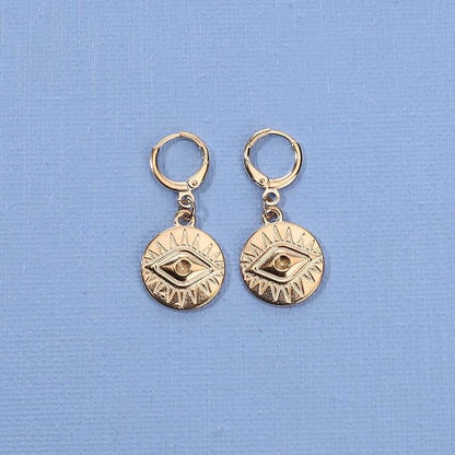 Evil Eye Coin Earrings Gold Disc Drop Earrings