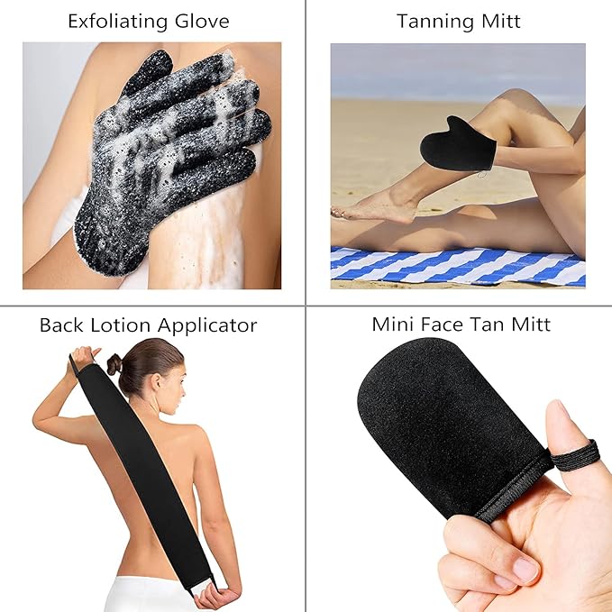 ANSPHIE 5 Pack Self Tanning Mitt Applicator Kit, Self Tan Glove, Face Tan Mitt, Back Lotion Applicator, Exfoliating Glove, Tanning Brush for Self Tanner Fake Bake Tan