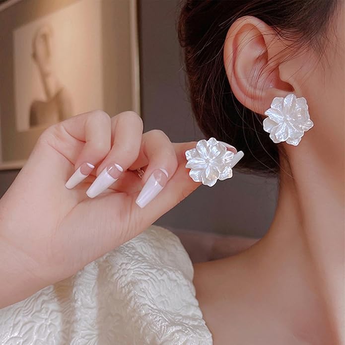 Unique Large White Flower Earrings Studs