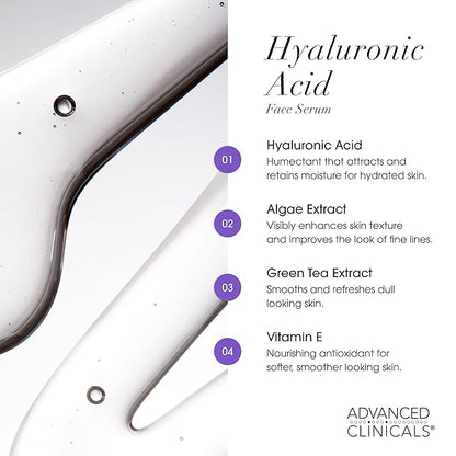 Advanced Clinicals Hyaluronic Acid Serum For Face | Moisturizing Facial Skin Care Products | Hydrating Serum For Face Helps Improve Look Of Wrinkles, Fine Lines, & Uneven Dry Skin Texture, 1.75 Fl Oz