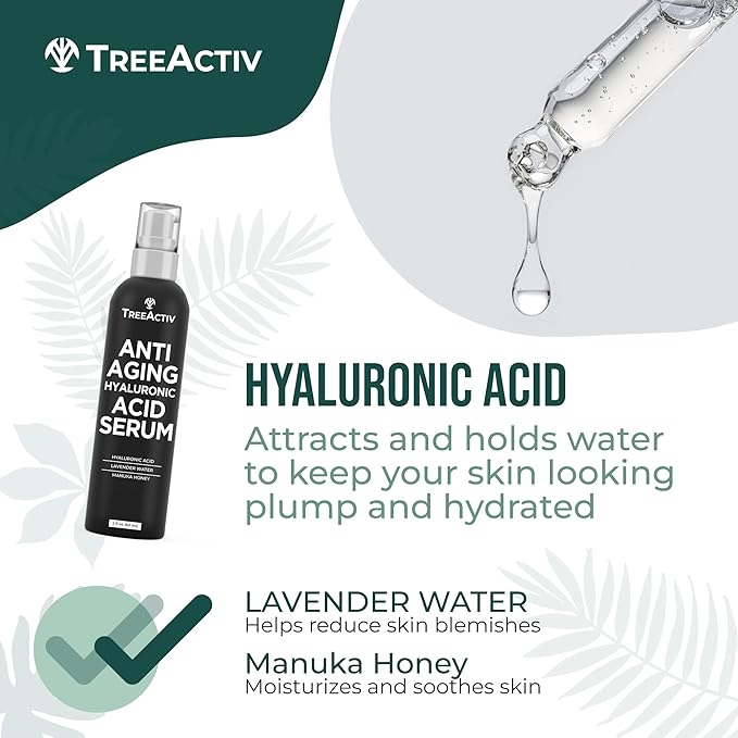 Anti-Aging Hyaluronic Acid Serum for Face 2 oz, Hydrating Wrinkle Repair for Skin Care, Pure Hyaluronic Acid Face Serum for Women, Oil-Free Anti-Aging for Advanced Skin Repair TreeActiv