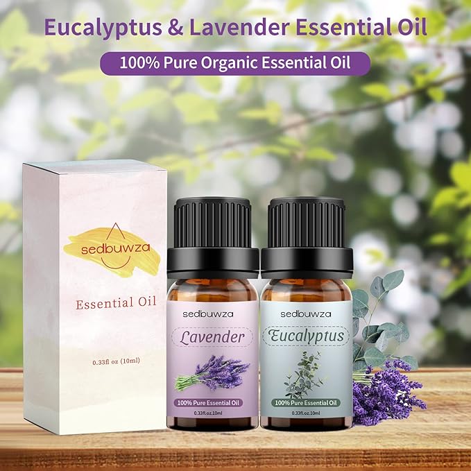 Sedbuwza Lavender Eucalyptus Essential Oil Set, Lavender Fragrance Oil Eucalyptus Scent Oil Set for Diffuser, Aromatherapy, Massage, Soap, Candle Making 2 x 10 ml