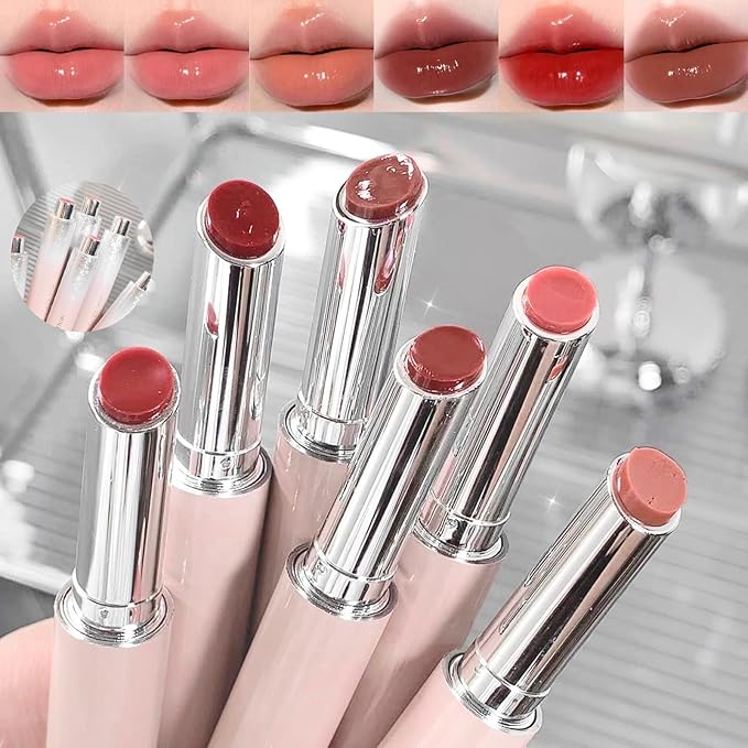 6 Colors Jelly Glossy Lipstick, 6Pcs Nude to Glossy