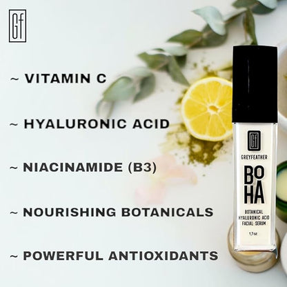 Greyfeather Hyaluronic Acid Serum for Face – Hydrating, Brightening & Anti-Aging Formula with Vitamin C, Niacinamide, Aloe & Botanical Extracts – Natural, Skin-Loving Serum for Radiant Glow (1.7 oz)