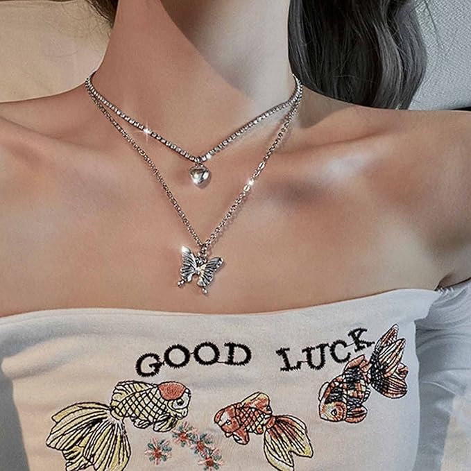 Punk Layered Butterfly Choker Necklace Rhinestone