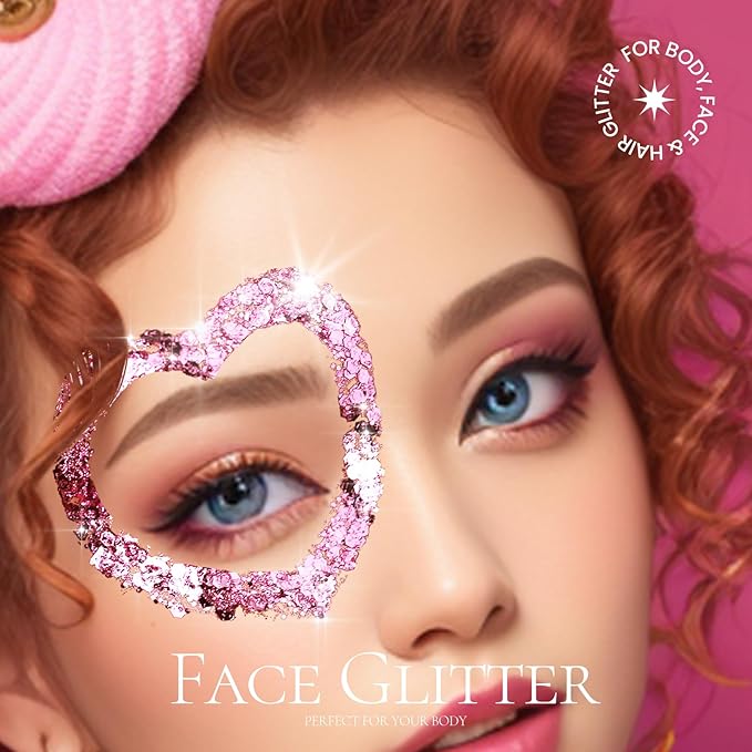 Teenitor Pink Body Glitter, Chunky Face Glitter, Pink Glitter Makeup 80g